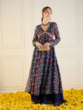 Navy Floral Long Anarkali Kurta -Shae by SASSAFRAS