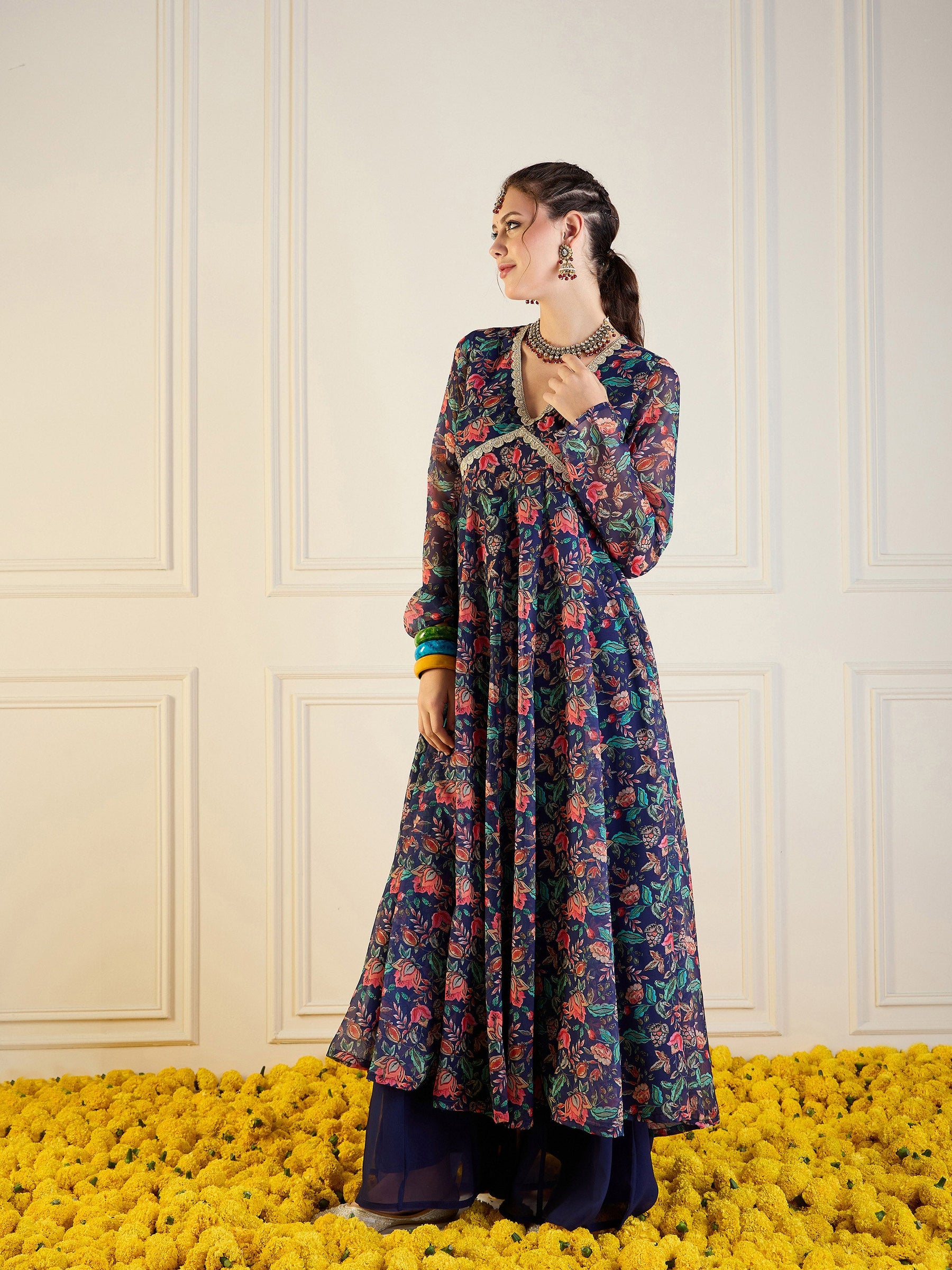 Navy Floral Long Anarkali Kurta -Shae by SASSAFRAS