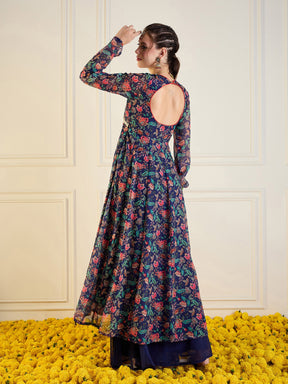 Navy Floral Long Anarkali Kurta -Shae by SASSAFRAS