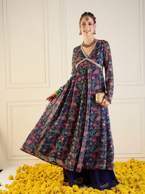 Navy Floral Long Anarkali Kurta -Shae by SASSAFRAS