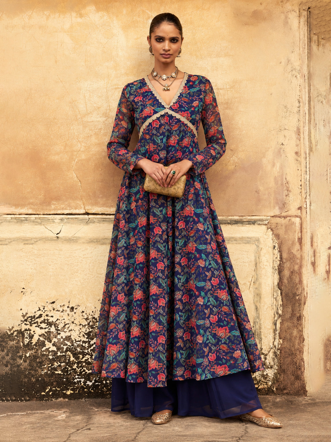 Navy Floral Long Anarkali Kurta -Shae by SASSAFRAS