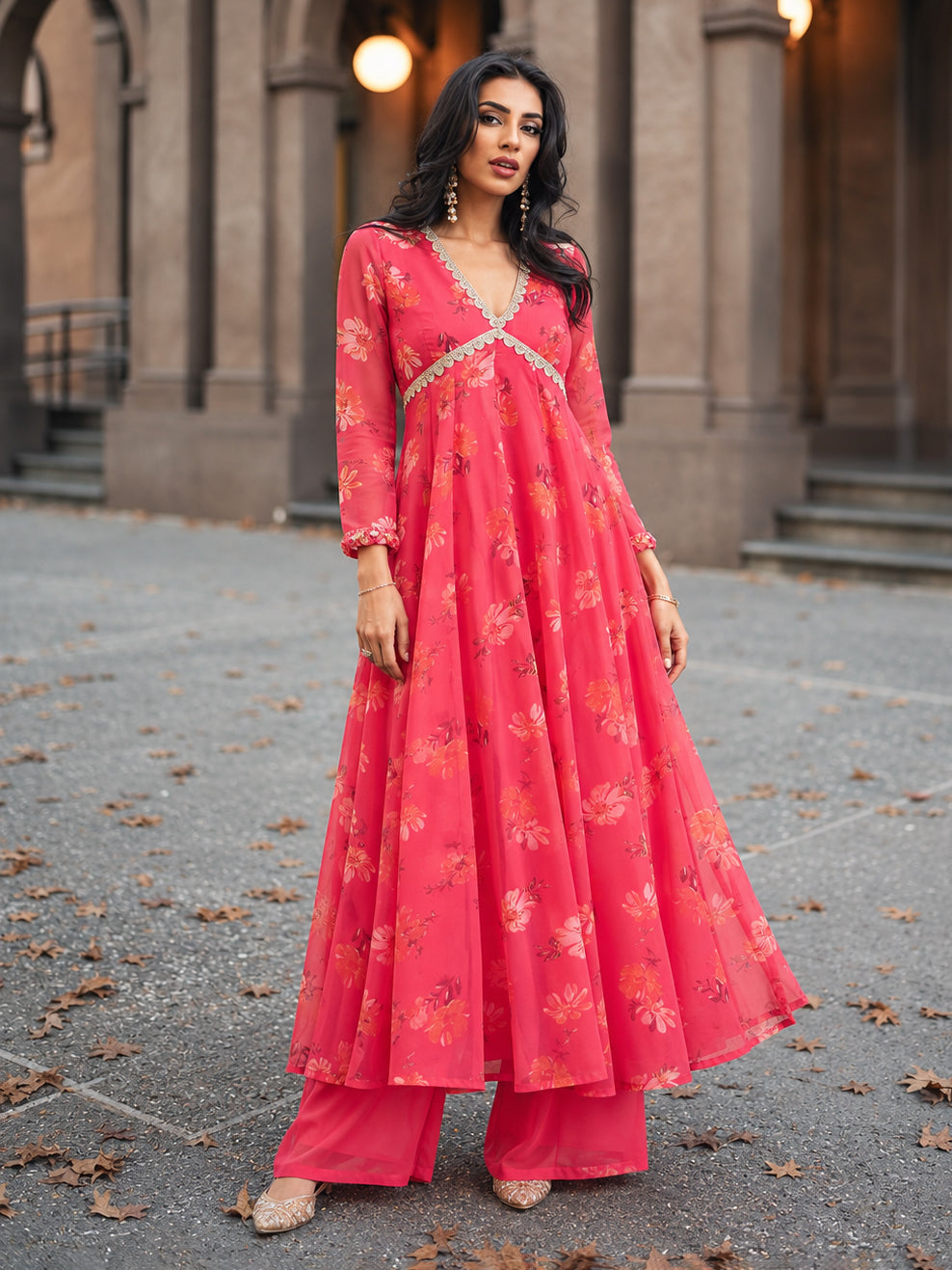 Women Fuchsia Floral Long Anarkali Kurta
