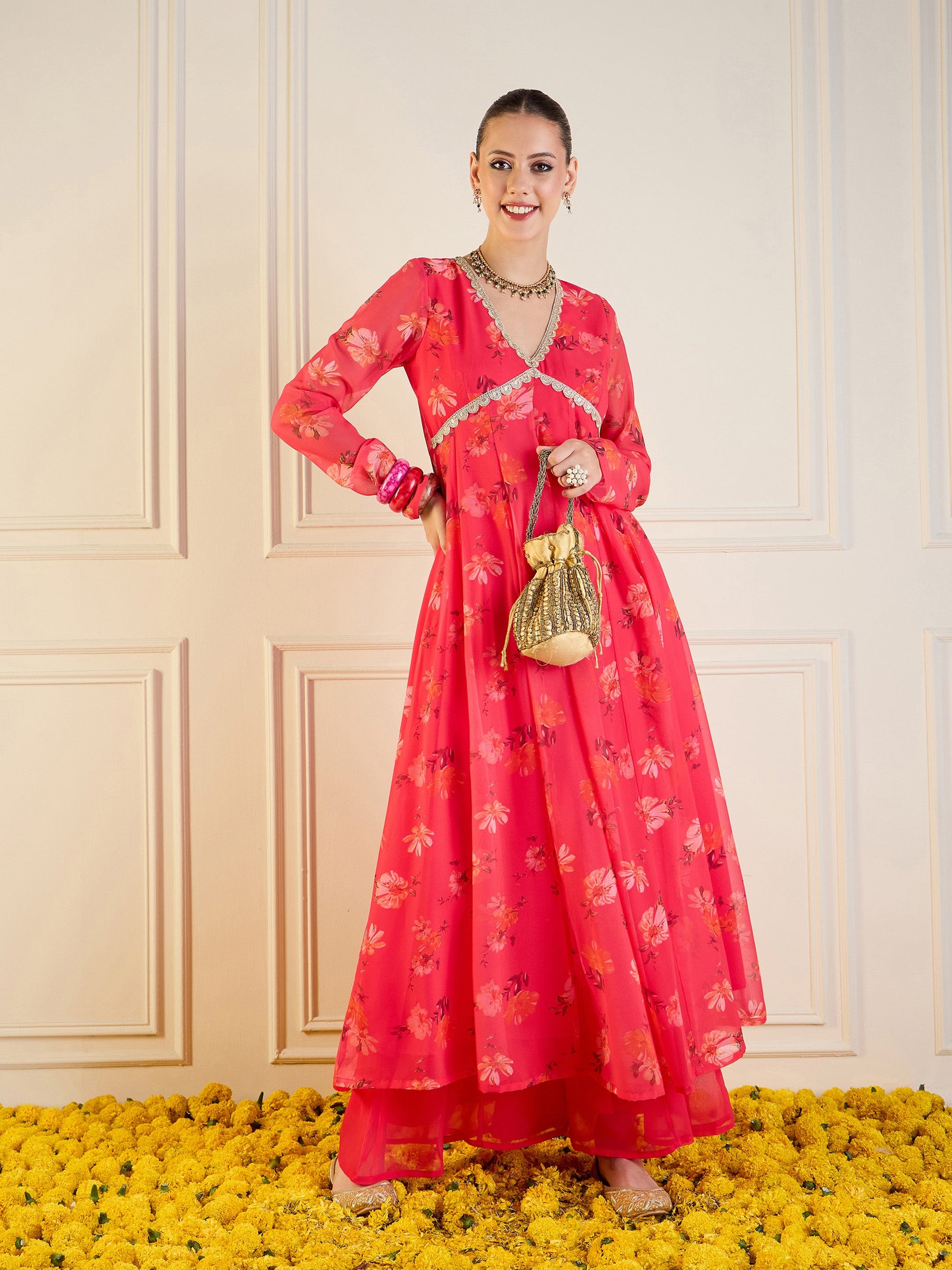 Fuchsia Floral Long Anarkali Kurta -Shae by SASSAFRAS