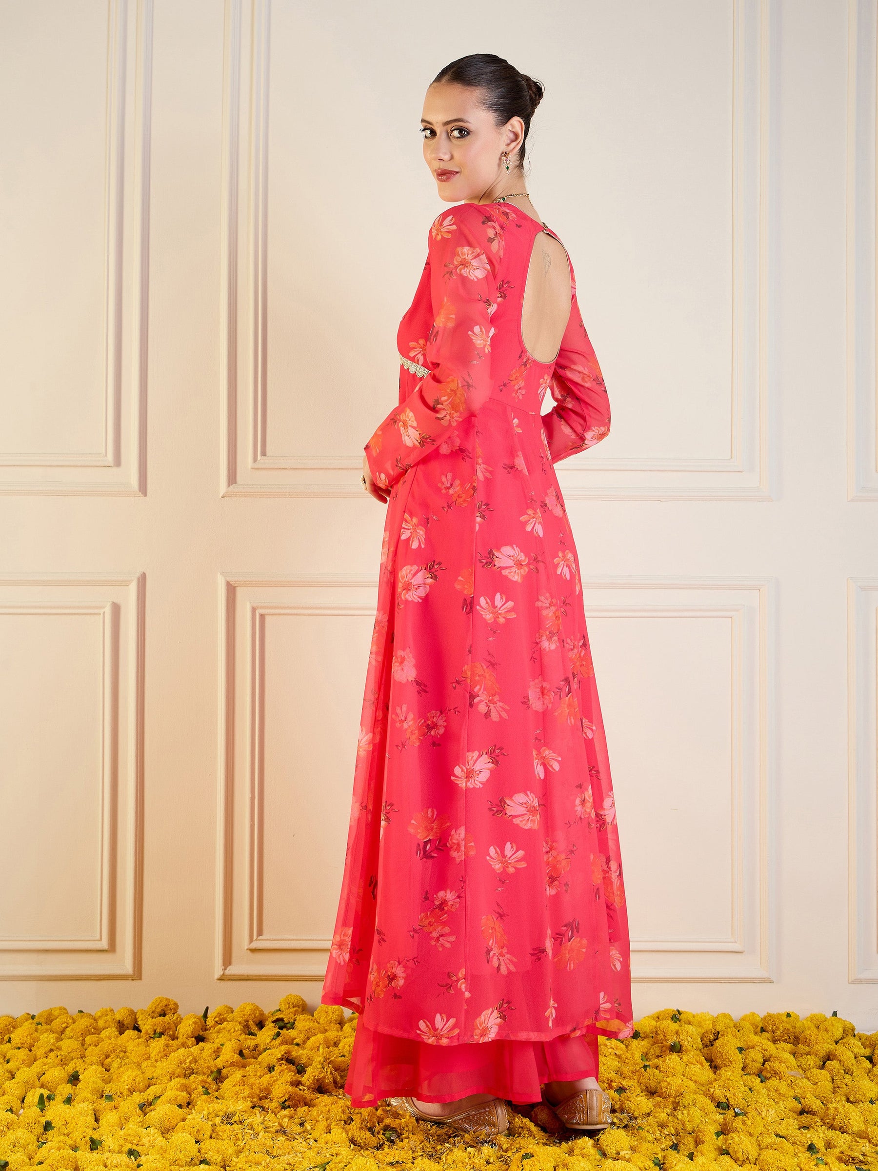 Fuchsia Floral Long Anarkali Kurta -Shae by SASSAFRAS