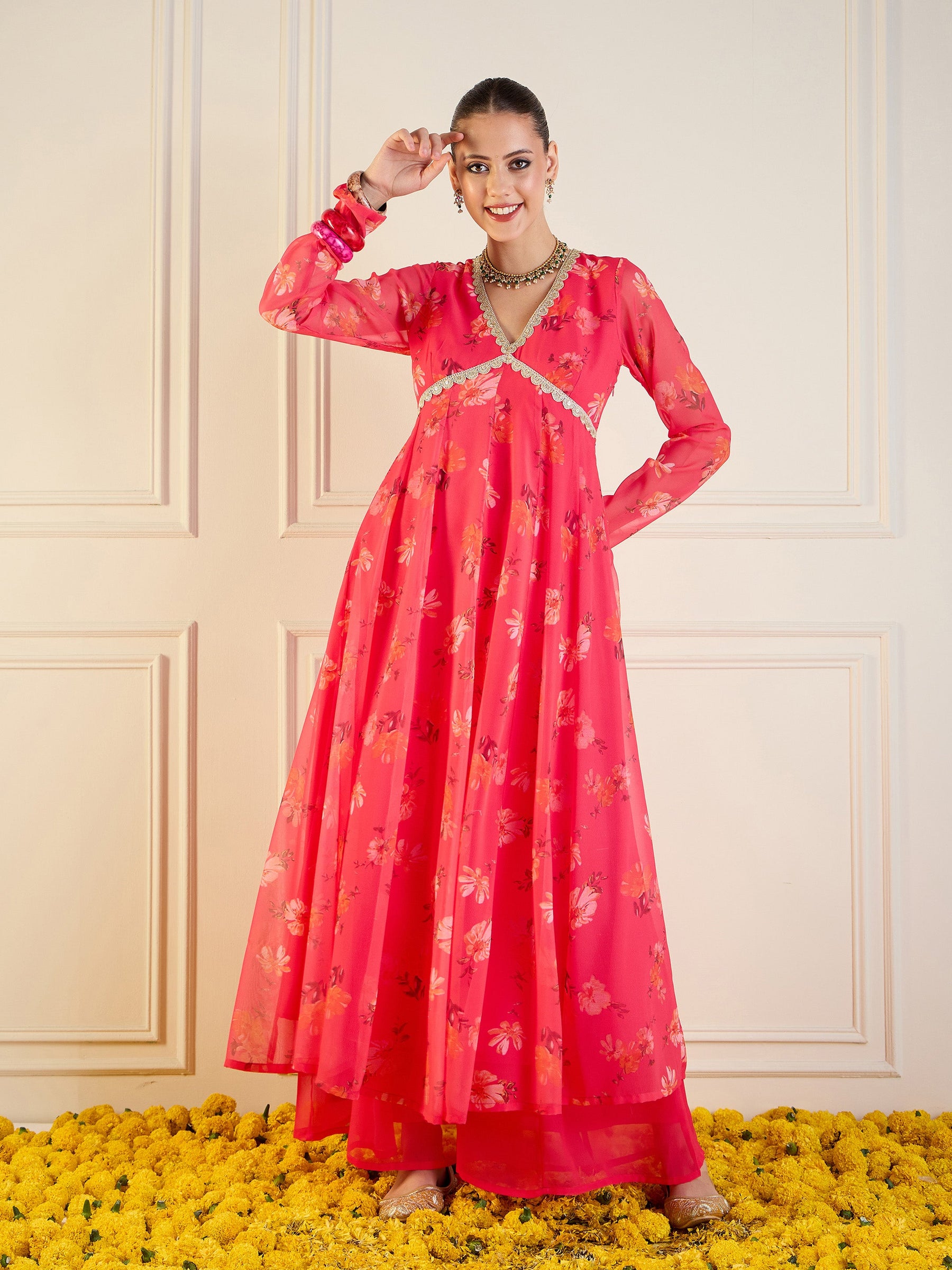 Fuchsia Floral Long Anarkali Kurta -Shae by SASSAFRAS