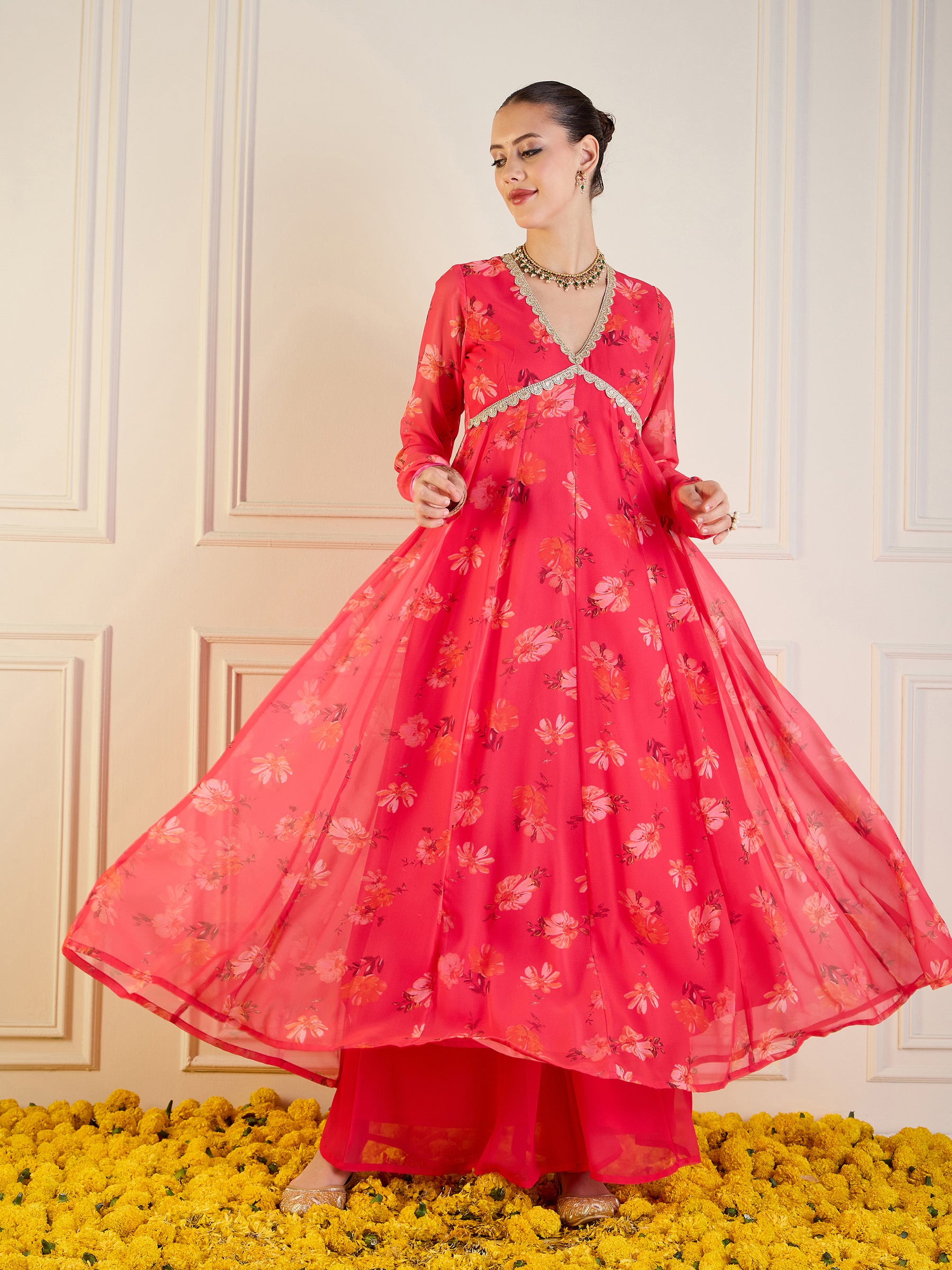 Fuchsia Floral Long Anarkali Kurta -Shae by SASSAFRAS