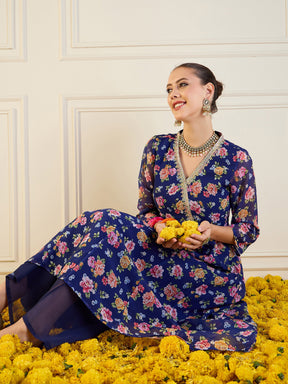 Blue Floral High Low Anarkali Kurta-Shae by SASSAFRAS