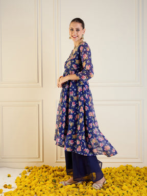 Blue Floral High Low Anarkali Kurta-Shae by SASSAFRAS