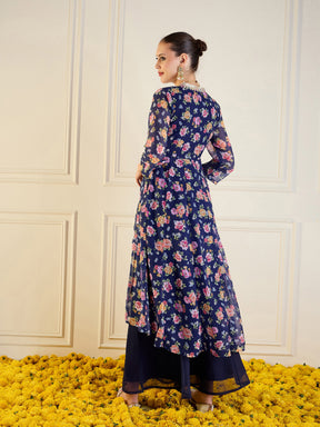 Blue Floral High Low Anarkali Kurta-Shae by SASSAFRAS