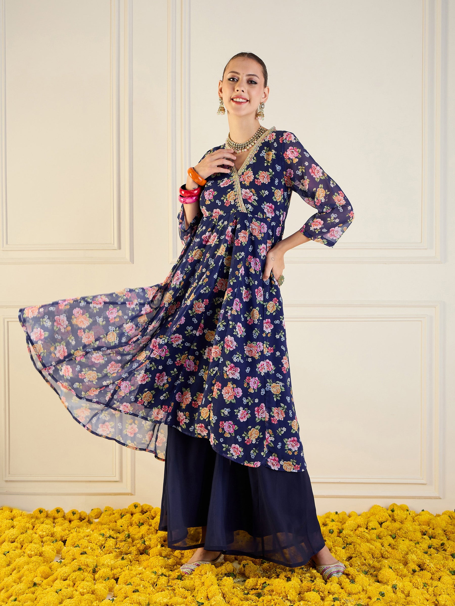 Blue Floral High Low Anarkali Kurta-Shae by SASSAFRAS