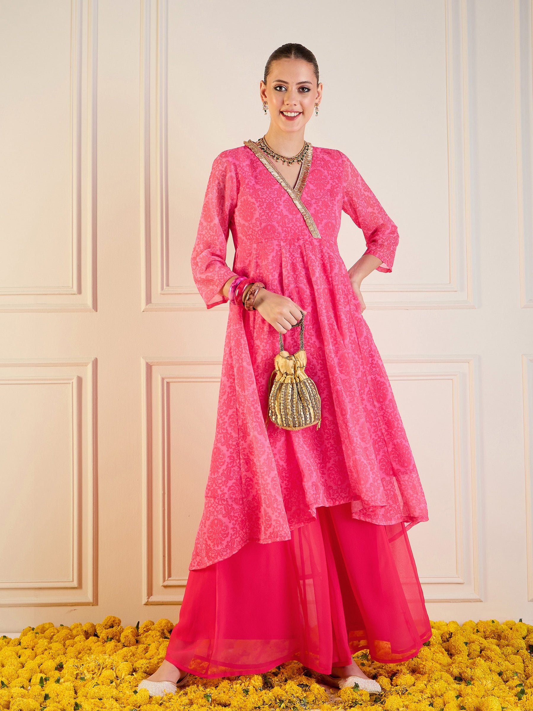 Pink Floral High Low Anarkali Kurta-Shae by SASSAFRAS