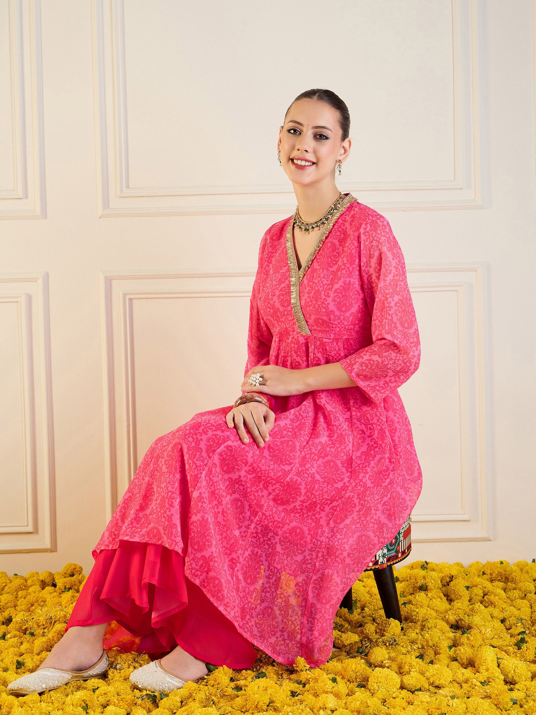 Pink Floral High Low Anarkali Kurta-Shae by SASSAFRAS