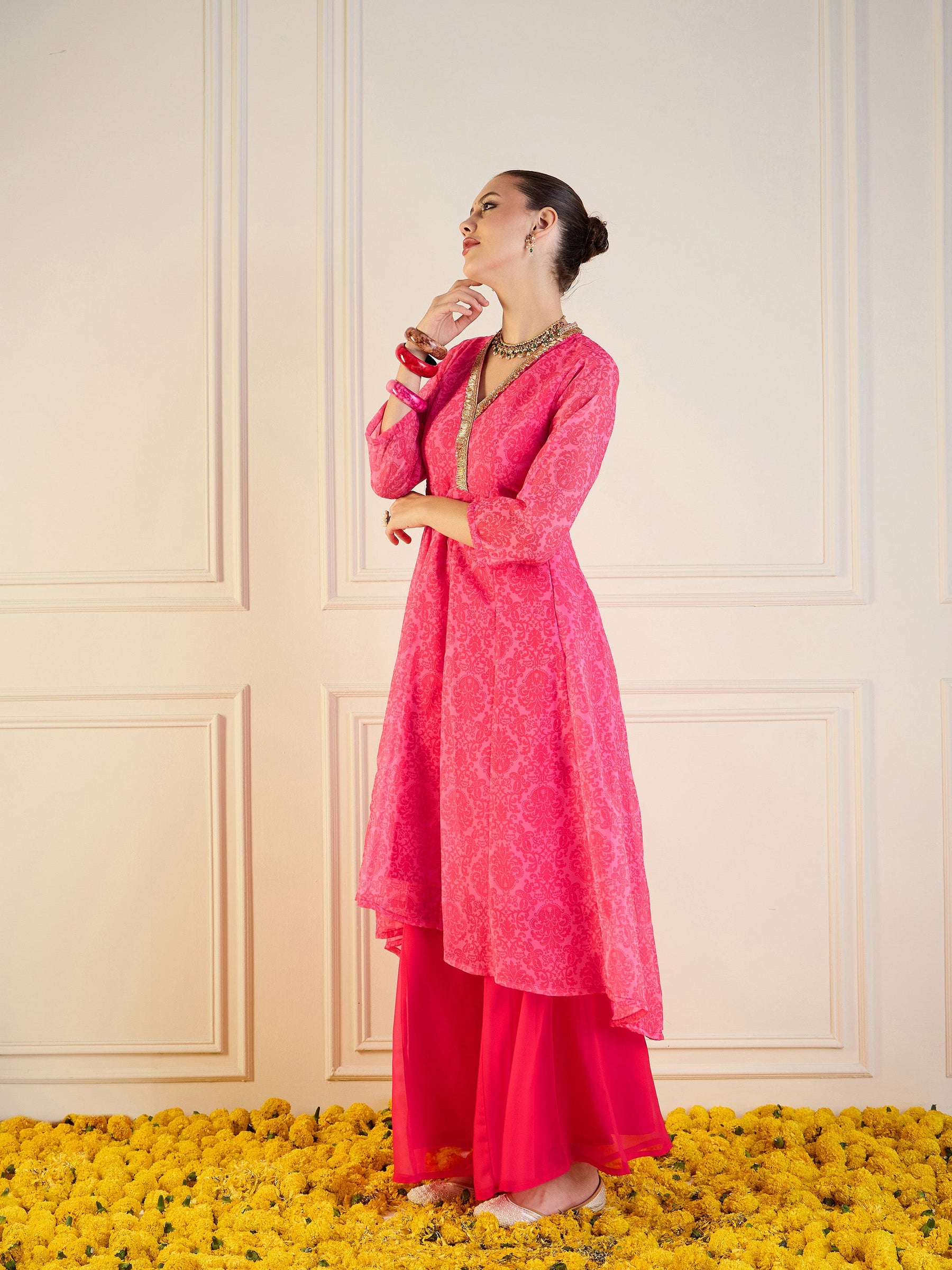 Pink Floral High Low Anarkali Kurta-Shae by SASSAFRAS