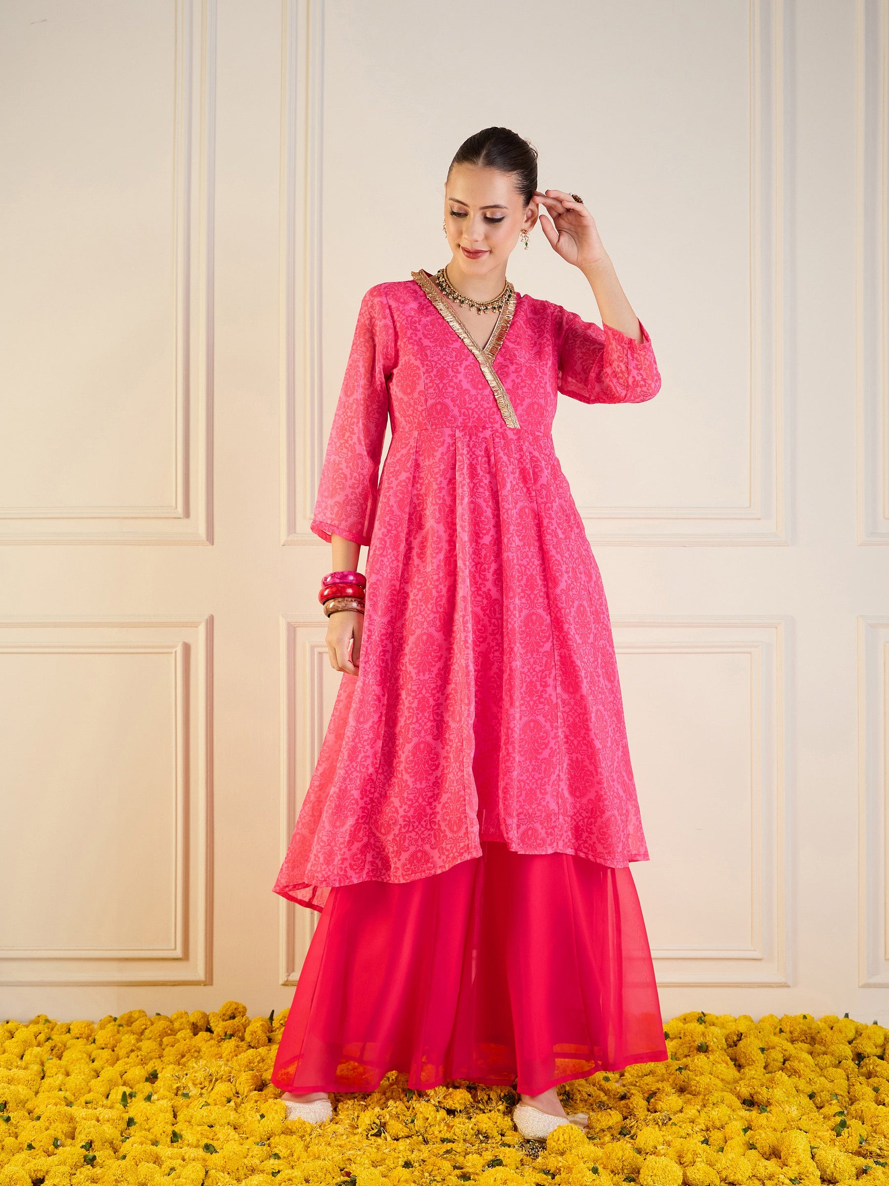 Pink Floral High Low Anarkali Kurta-Shae by SASSAFRAS