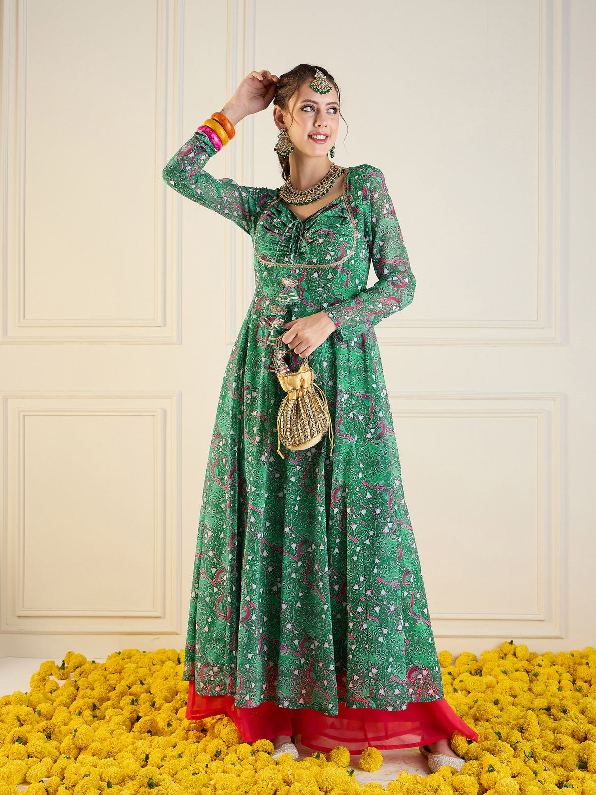 Green Motif Printed Front Dori Long Anarkali-Shae by SASSAFRAS