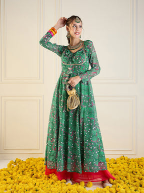 Green Motif Printed Front Dori Long Anarkali-Shae by SASSAFRAS