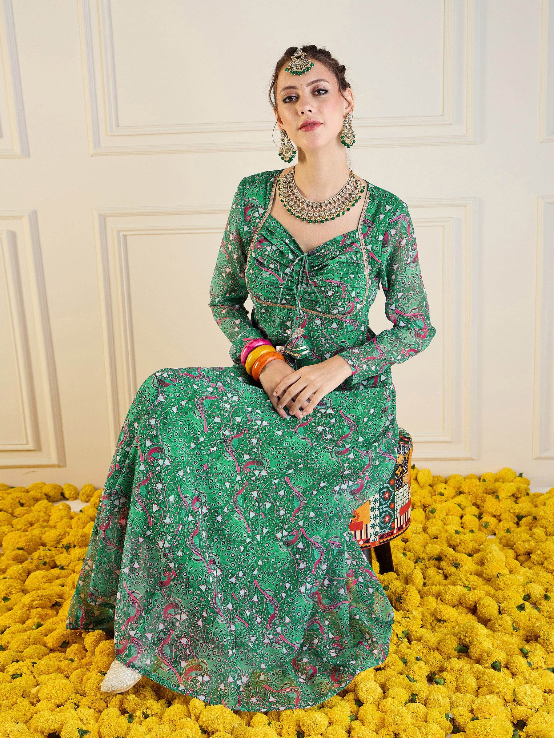 Green Motif Printed Front Dori Long Anarkali-Shae by SASSAFRAS