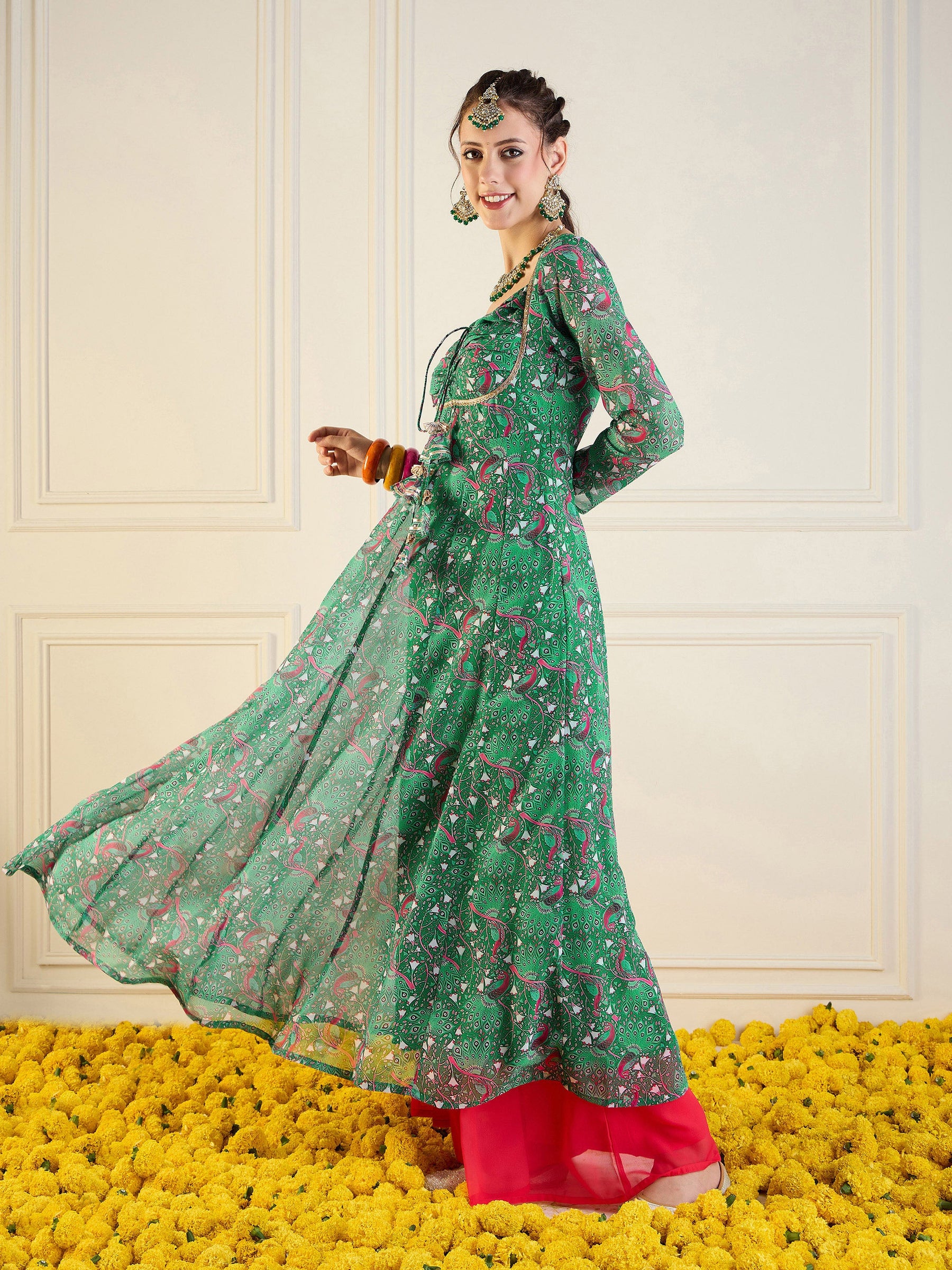 Green Motif Printed Front Dori Long Anarkali-Shae by SASSAFRAS