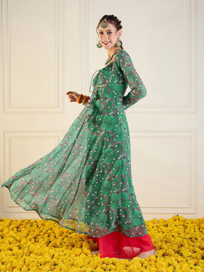 Green Motif Printed Front Dori Long Anarkali-Shae by SASSAFRAS