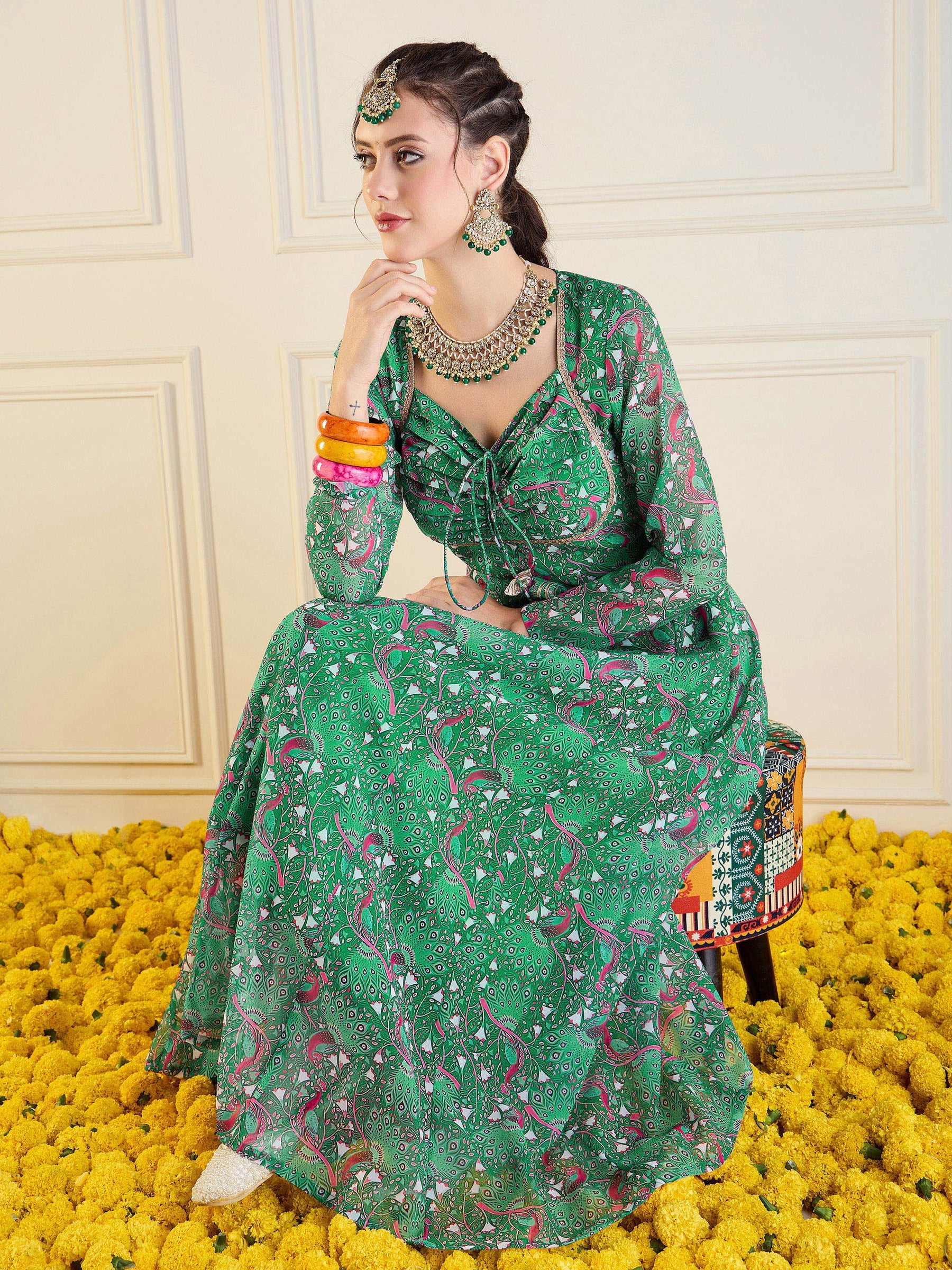 Green Motif Printed Front Dori Long Anarkali-Shae by SASSAFRAS