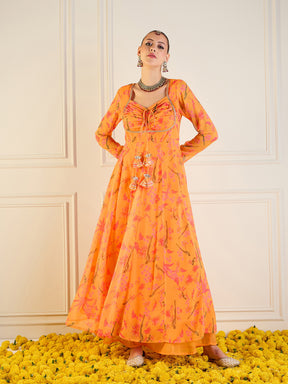 Mustard Tropical Printed Front Dori Long Anarkali-Shae by SASSAFRAS