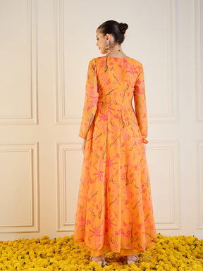 Mustard Tropical Printed Front Dori Long Anarkali-Shae by SASSAFRAS