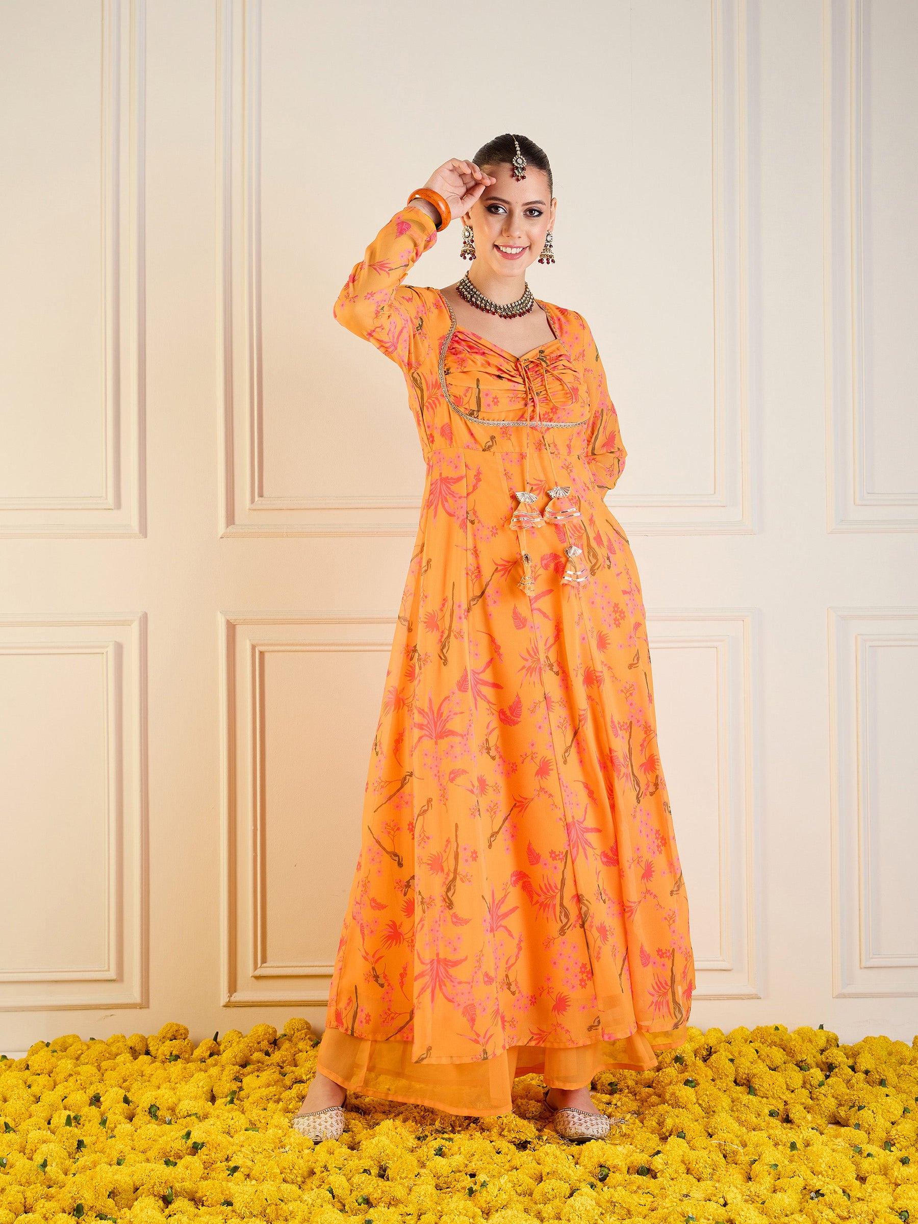 Mustard Tropical Printed Front Dori Long Anarkali-Shae by SASSAFRAS