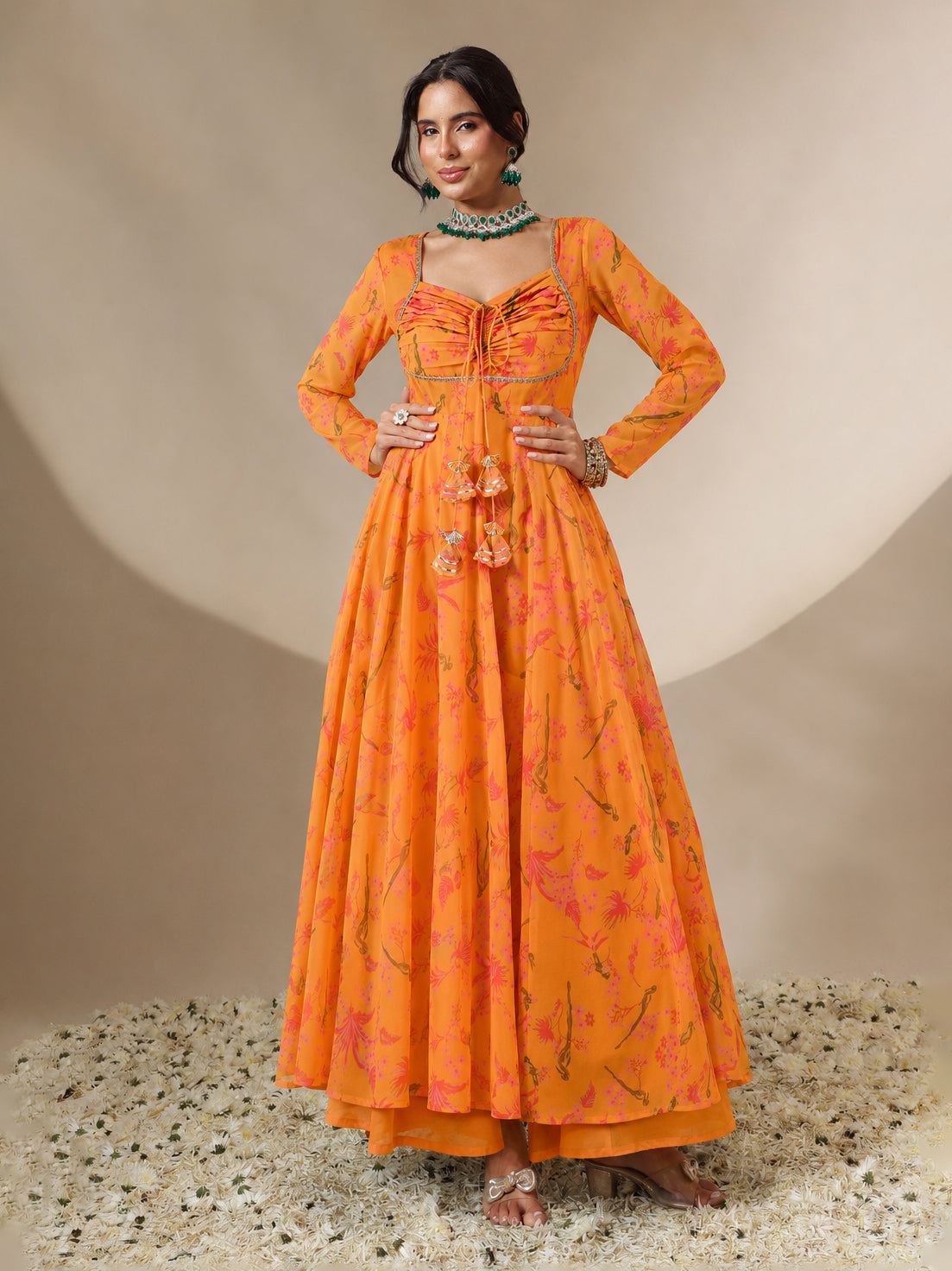 Mustard Tropical Printed Front Dori Long Anarkali-Shae by SASSAFRAS