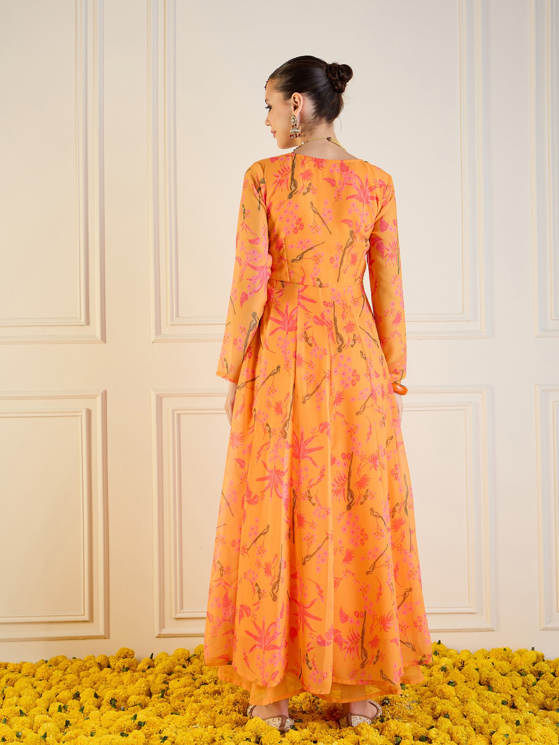 Mustard Tropical Printed Front Dori Long Anarkali-Shae by SASSAFRAS