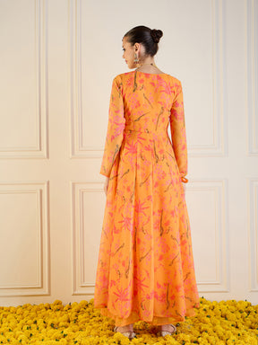 Mustard Tropical Printed Front Dori Long Anarkali-Shae by SASSAFRAS