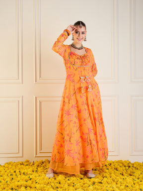Women Mustard Tropical Printed Front Dori Long Anarkali