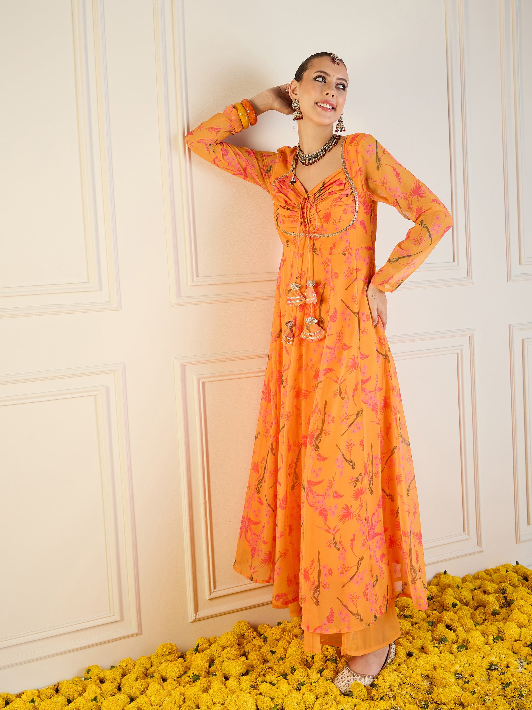 Women Mustard Tropical Printed Front Dori Long Anarkali
