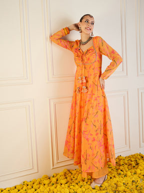 Women Mustard Tropical Printed Front Dori Long Anarkali