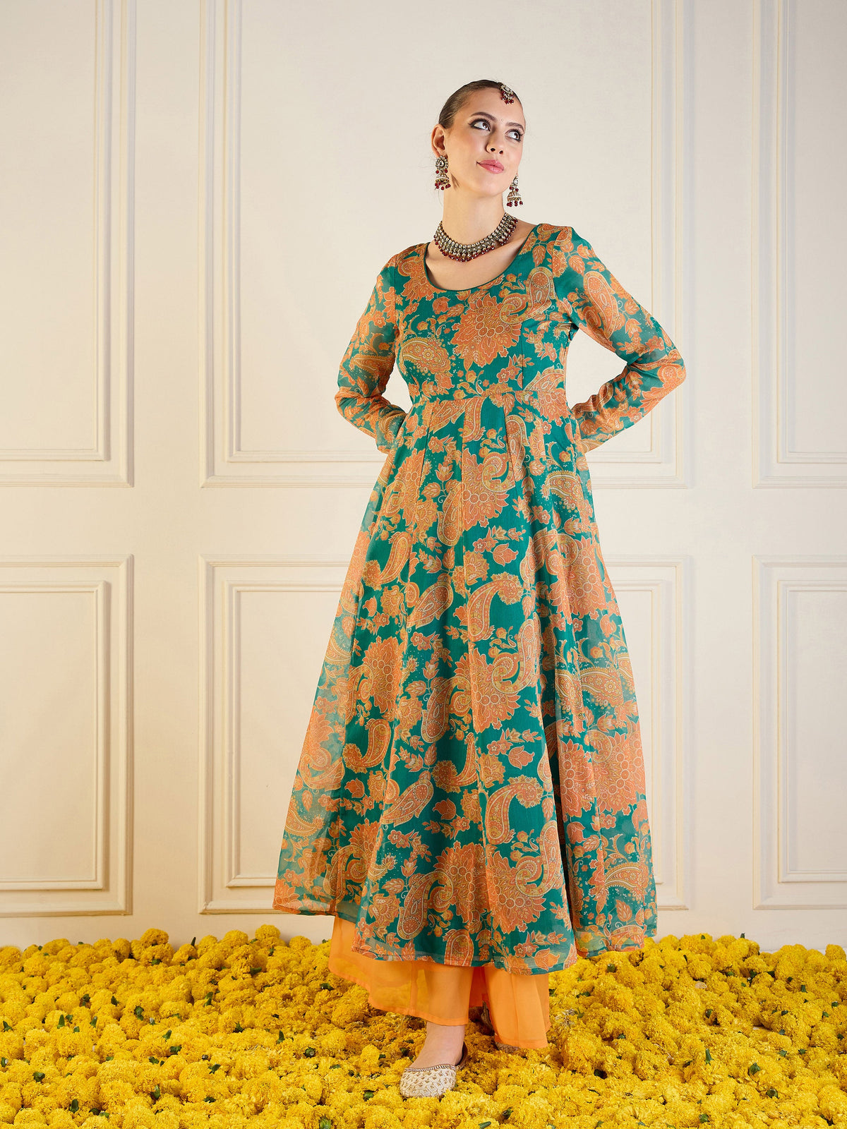 Green & Mustard Floral Long Anarkali-Shae by SASSAFRAS