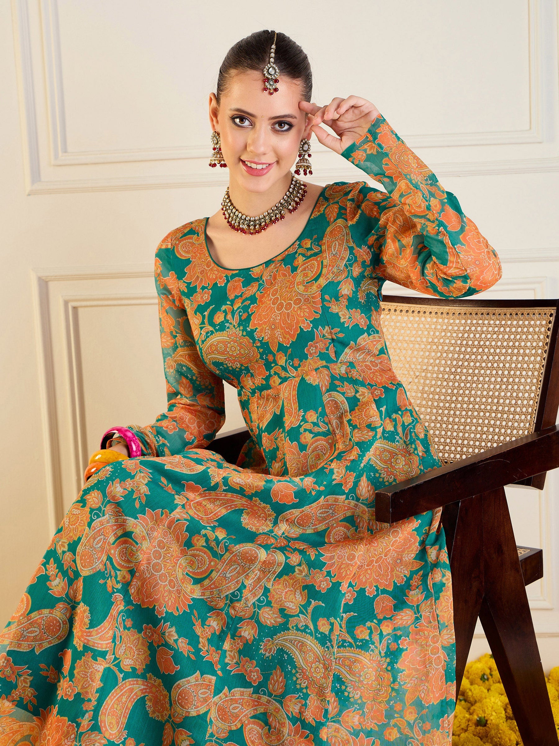 Green & Mustard Floral Long Anarkali-Shae by SASSAFRAS