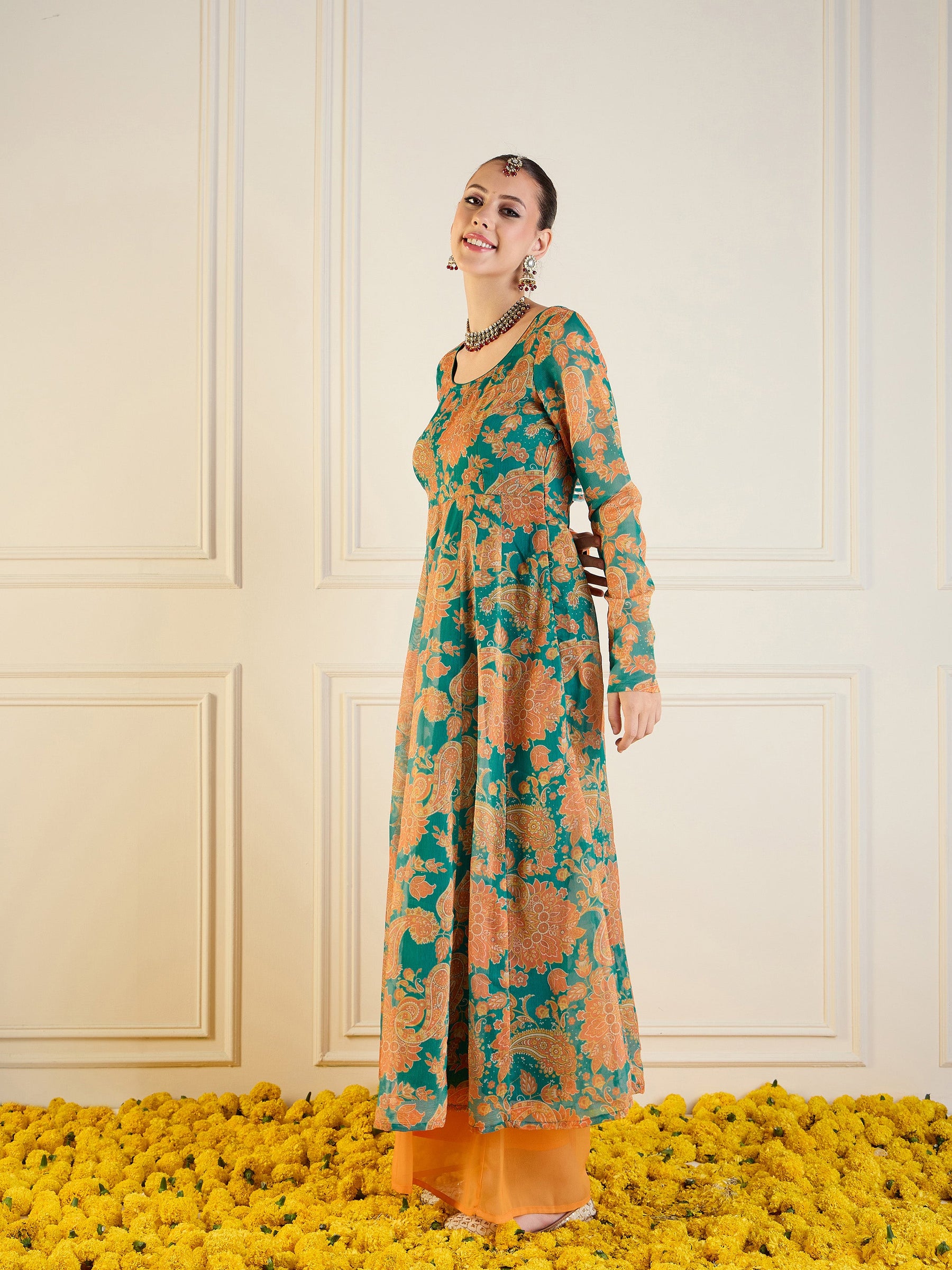 Green & Mustard Floral Long Anarkali-Shae by SASSAFRAS