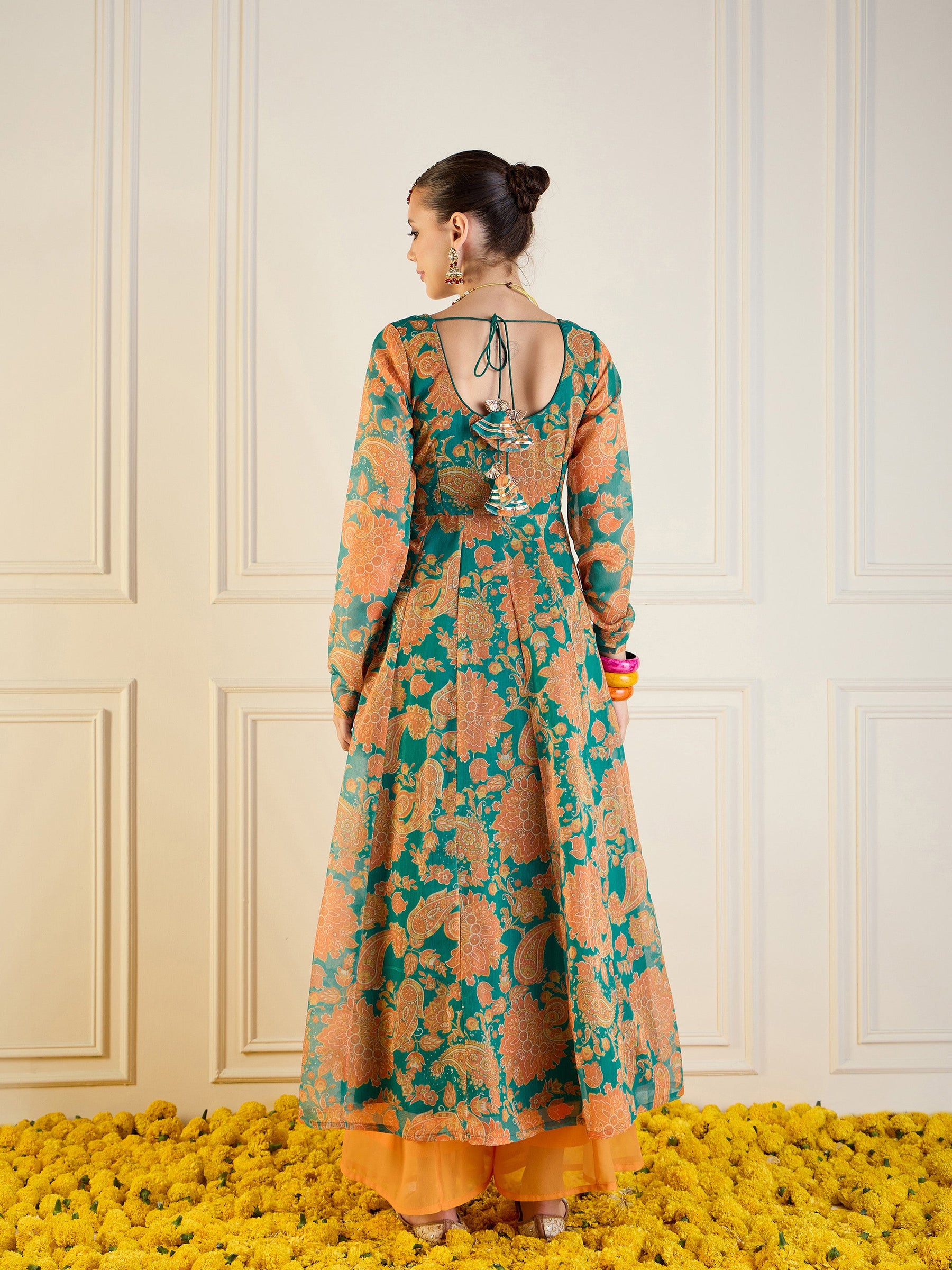 Green & Mustard Floral Long Anarkali-Shae by SASSAFRAS