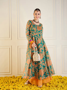 Green & Mustard Floral Long Anarkali-Shae by SASSAFRAS