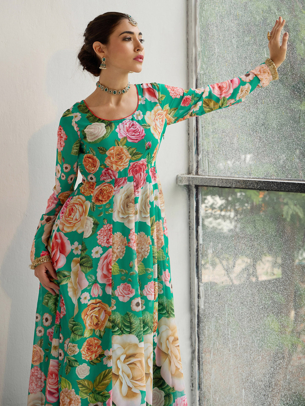 Green Floral Round Neck Anarkali Kurta-Shae by SASSAFRAS