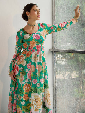 Green Floral Round Neck Anarkali Kurta-Shae by SASSAFRAS