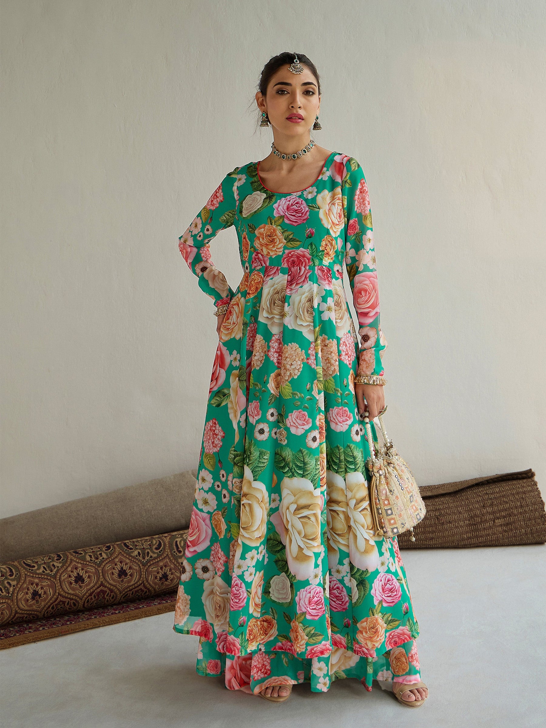 Green Floral Round Neck Anarkali Kurta-Shae by SASSAFRAS