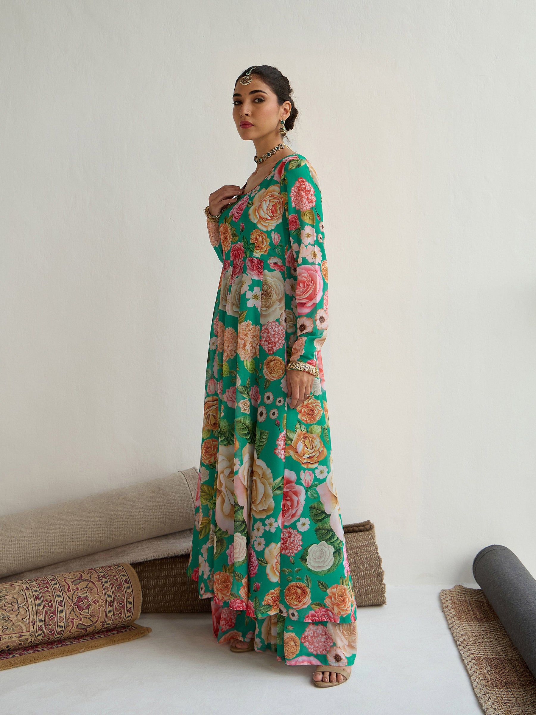 Green Floral Round Neck Anarkali Kurta-Shae by SASSAFRAS