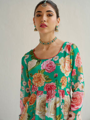 Green Floral Round Neck Anarkali Kurta-Shae by SASSAFRAS