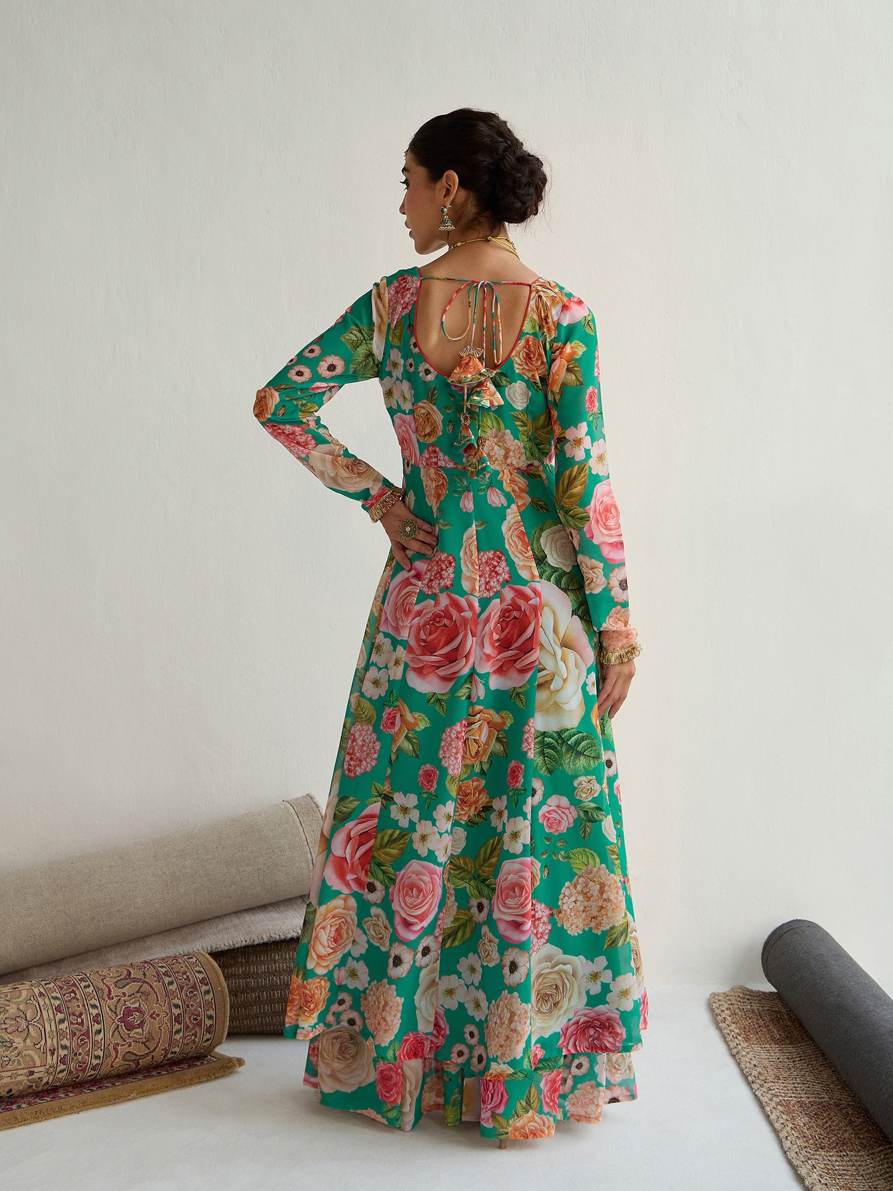 Green Floral Round Neck Anarkali Kurta-Shae by SASSAFRAS