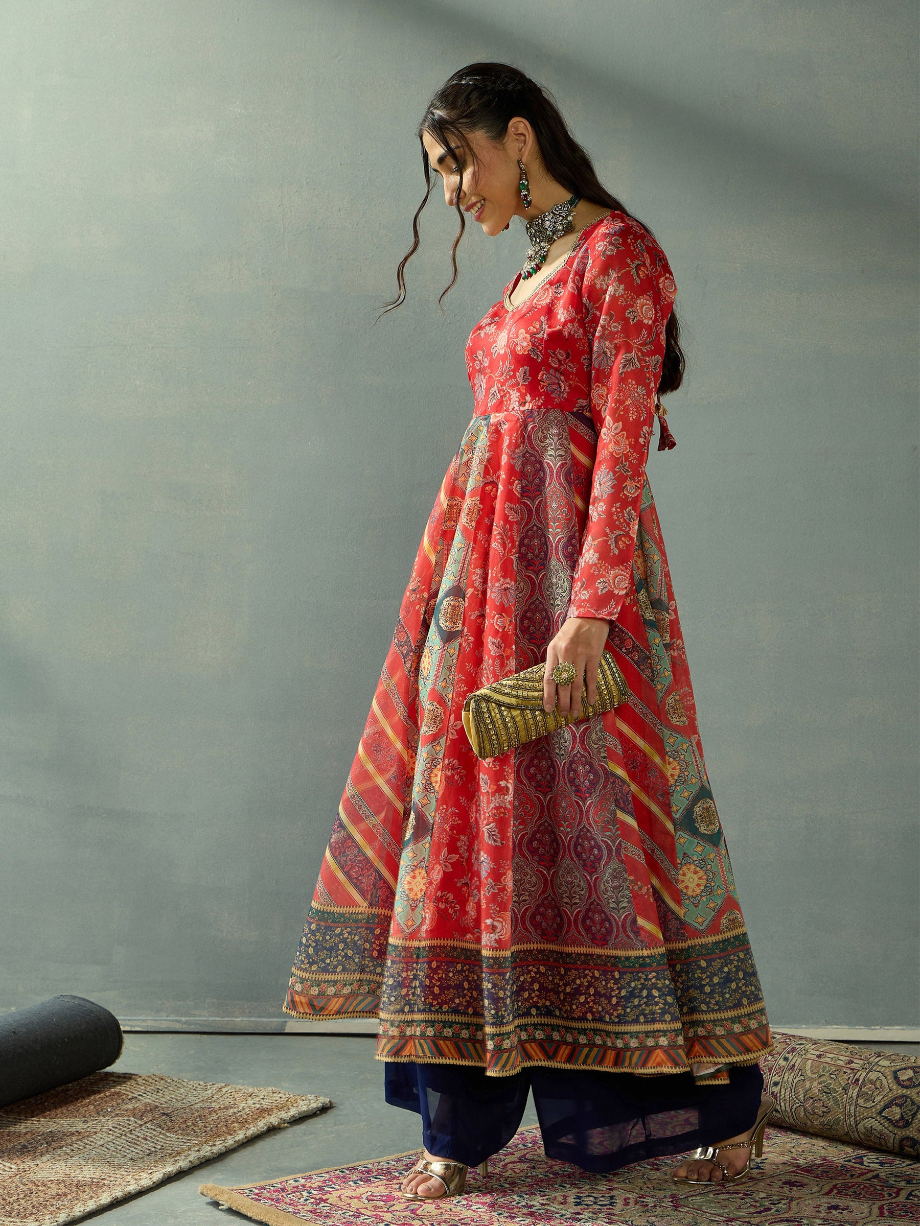 Red Floral Anarkali Full Sleeves Kurta-Shae by SASSAFRAS