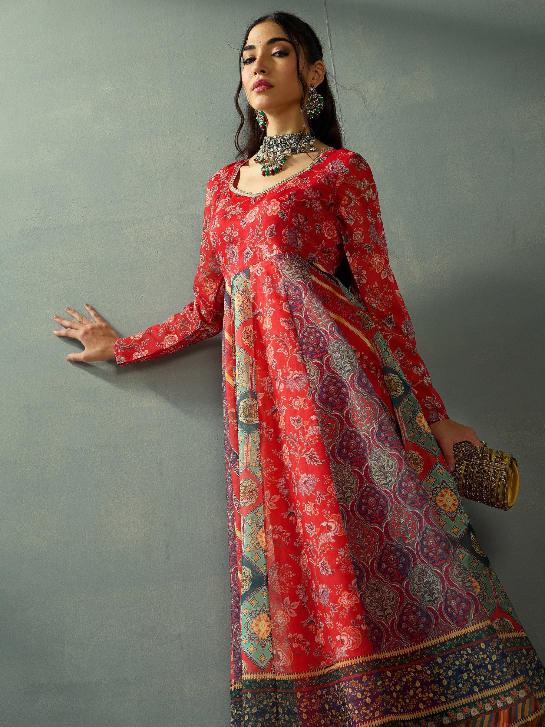 Red Floral Anarkali Full Sleeves Kurta-Shae by SASSAFRAS