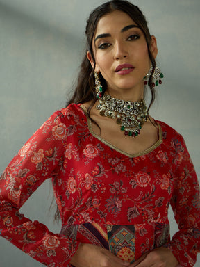 Red Floral Anarkali Full Sleeves Kurta-Shae by SASSAFRAS