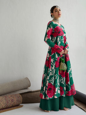 Women Green & Red Floral Anarkali Kurta