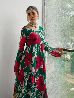 Women Green & Red Floral Anarkali Kurta
