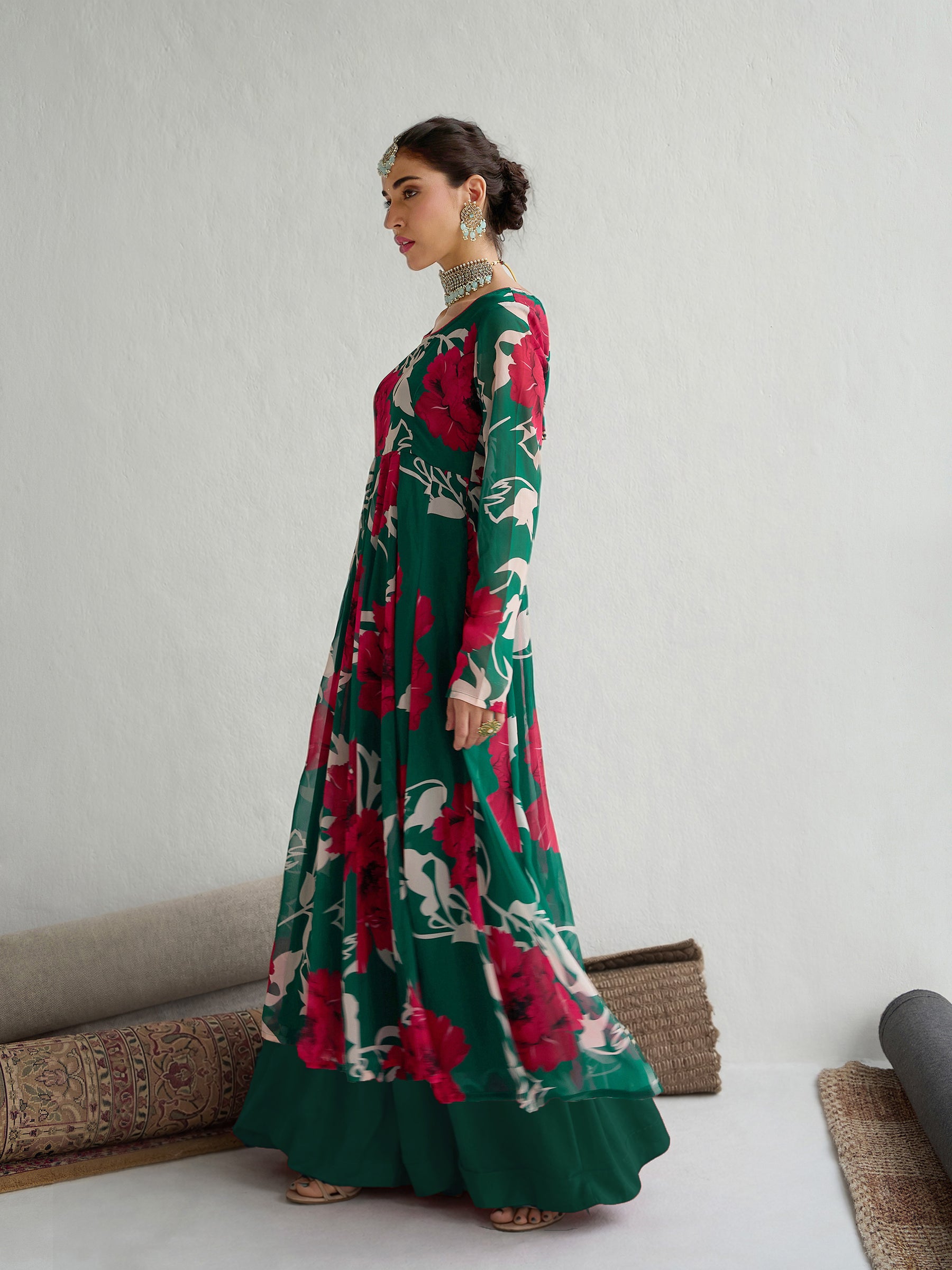 Women Green & Red Floral Anarkali Kurta